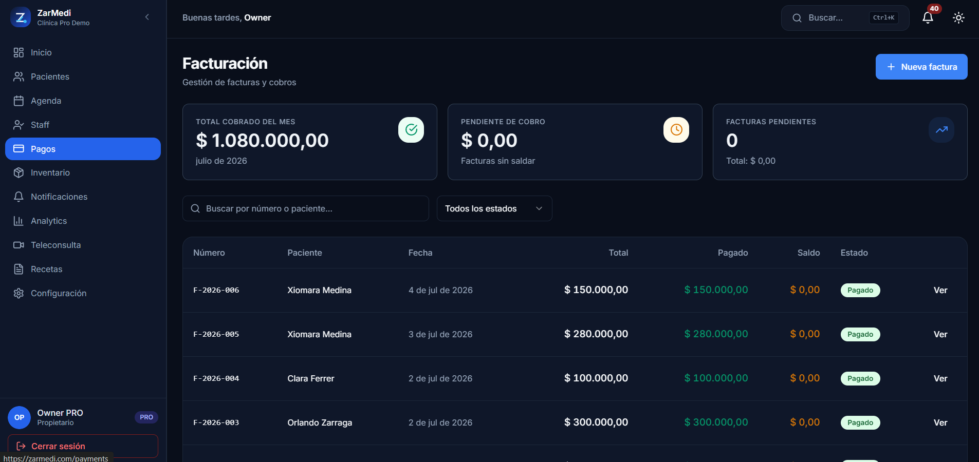 Zarmedi — Plataforma SaaS de gestión clínica vista 10