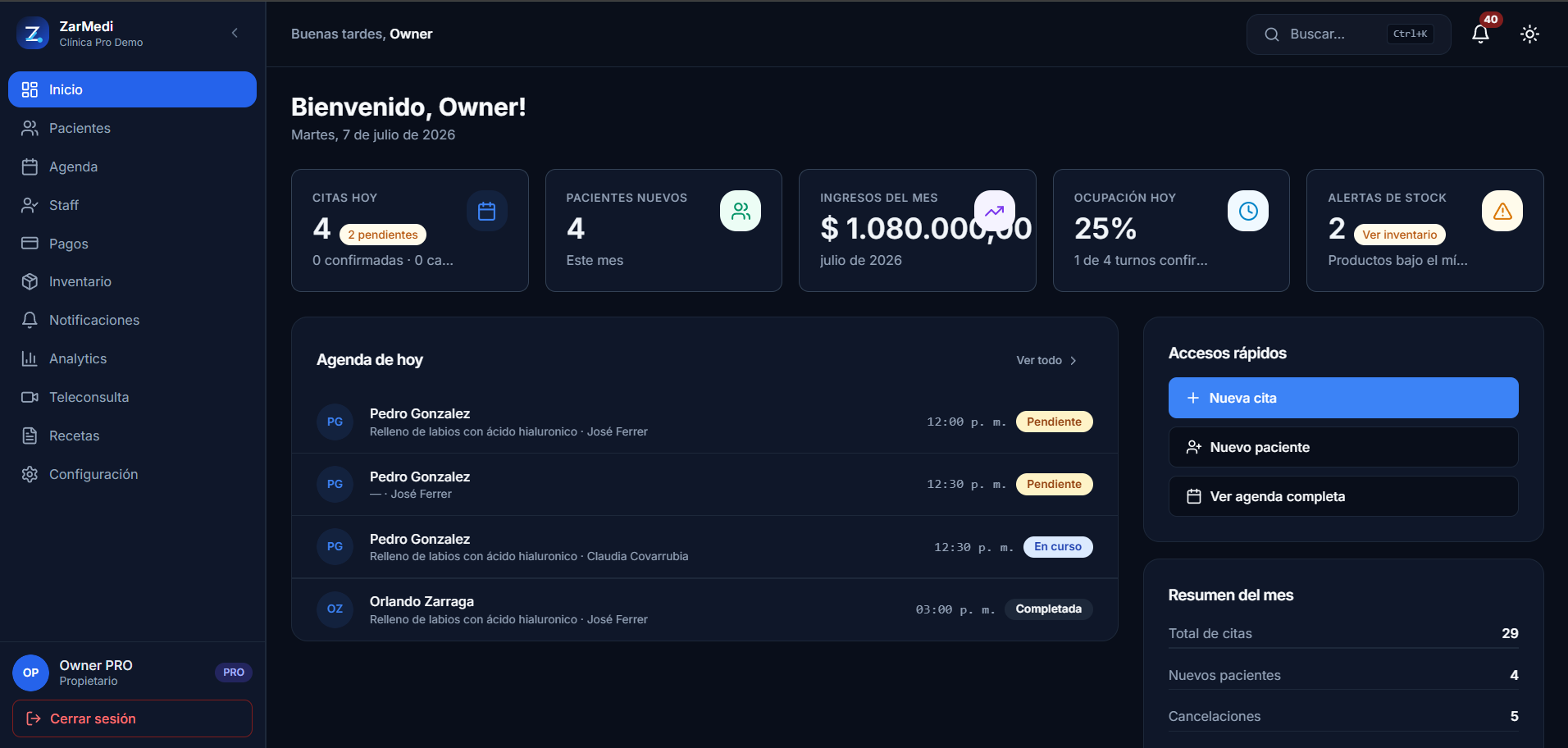 Zarmedi — Plataforma SaaS de gestión clínica vista 4
